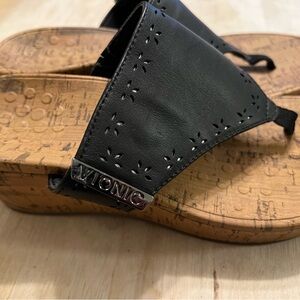 Vionic Black Leather Wedge Sandals